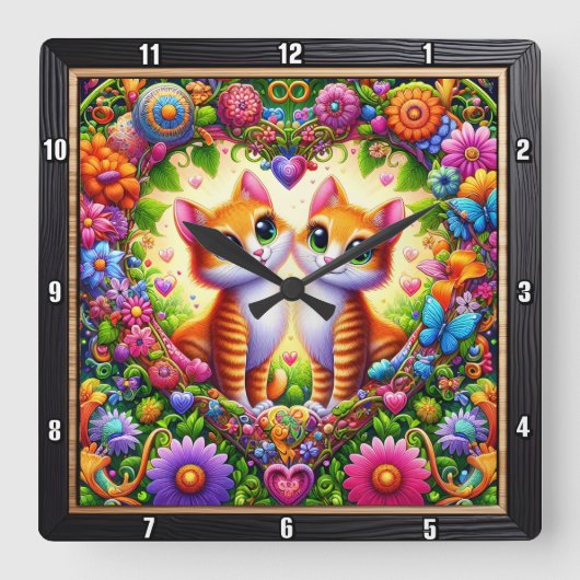 Tabby Kitten Floral Heart Wall スクエア壁時計 (正面)