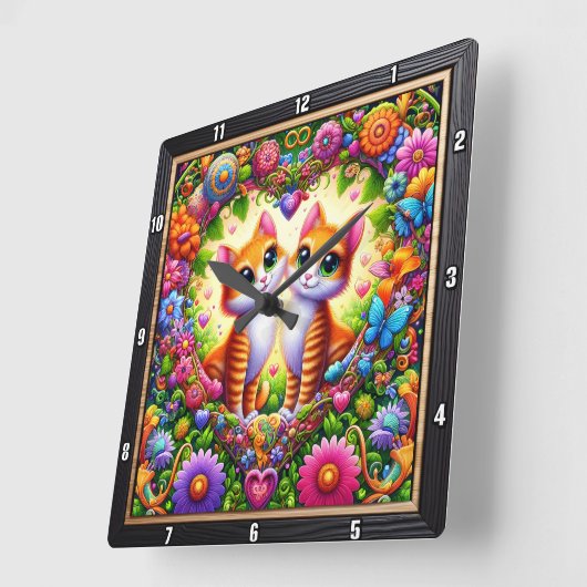 Tabby Kitten Floral Heart Wall スクエア壁時計 (傾斜)