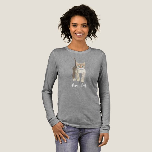 Tabby Kitten Grey Long Sleeved トライブレンドＴシャツ (正面全体)