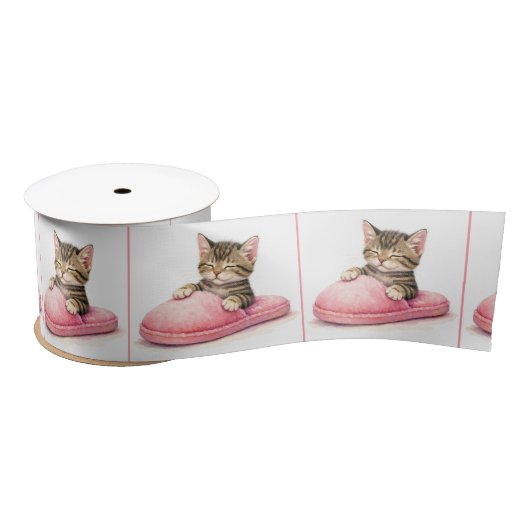 Tabby Kitten Sleeping in a Pink Slipper サテンリボン (リール)