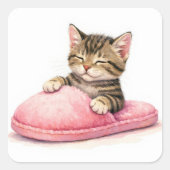 Tabby Kitten Sleeping in a Pink Slipper スクエアシール (正面)