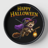 Tabby witch kitten happy Halloween whimsical wall  壁時計 (正面)