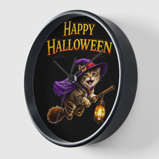 Tabby witch kitten happy Halloween whimsical wall  壁時計 (傾斜)