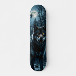 Tabla de Skate Lobo en Bosque Nocturno con Luna スケートボード