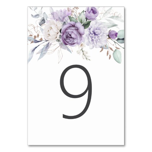 Table Nine Watercolor Purple Floral Wedding テーブルナンバー (正面)