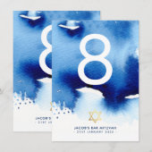 TABLE NUMBER バー ミツバ  ゴールド スター 青 水彩 招待状 (正面/裏面)