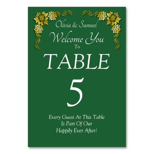 Table Number - with Welcome Message  Emerald Green テーブルナンバー (正面)