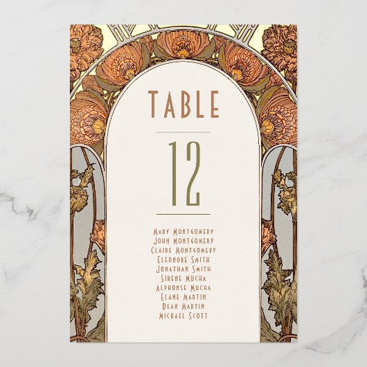 Table Numbers Vintage Art Nouveau Wedding 箔招待状 (正面)