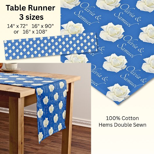 Table Runner Add Names Cobalt Blue White Roses ショートテーブルランナー