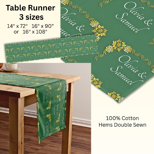 Table Runner Add Names Emerald Green & Gold ショートテーブルランナー