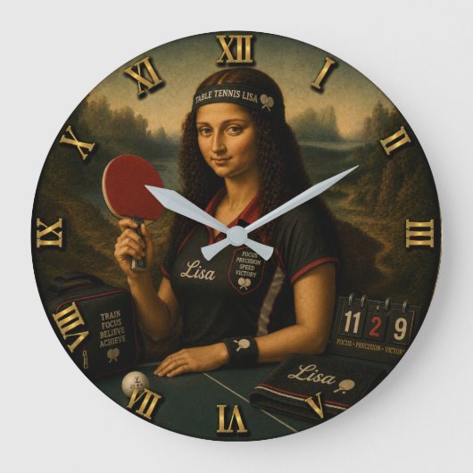Table Tennis Funny Mona Lisa Ping Pong ラージ壁時計 (正面)