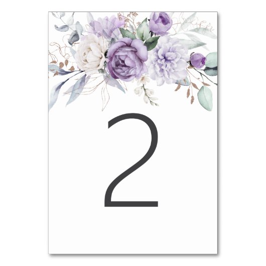 Table Two Watercolor Purple Floral Wedding テーブルナンバー (正面)