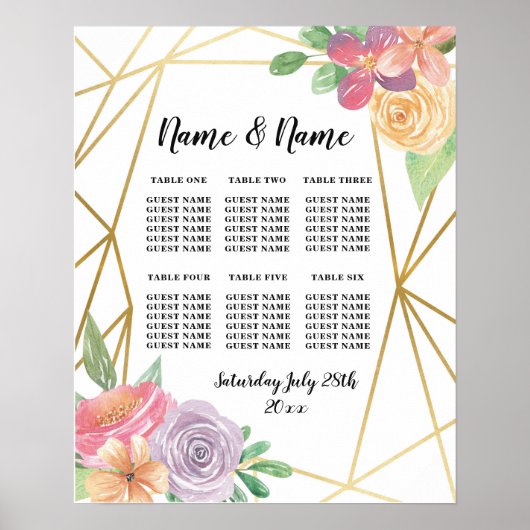 Table Wedding Floral Poster Seating Gold Frame ポスター (正面)