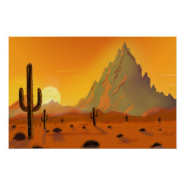 Tableau d'art des 2 cactus en fond de désert aride ポスター