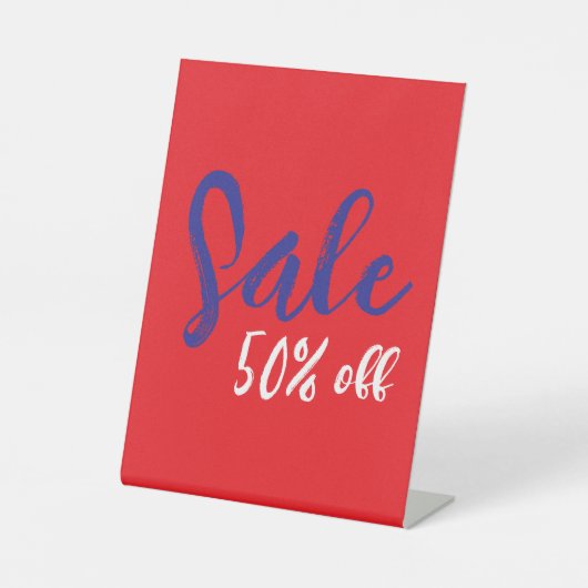 Tabletop Sale Sign、Red Blue、Whiteの50%オフ 台座サイン (正面)