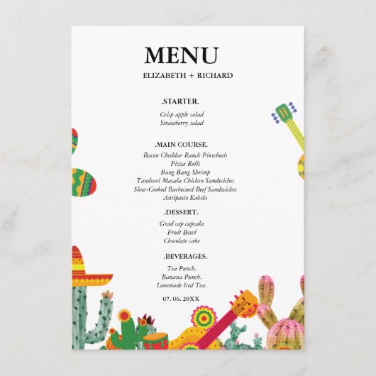 Tacoの恋カップルのシャワーブライダルシャワー メニュー (正面)