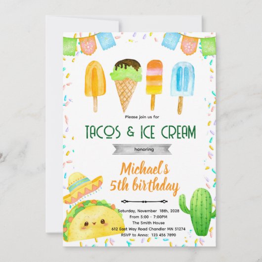 Taco and Ice Cream Birthday Invitation 招待状 (正面)