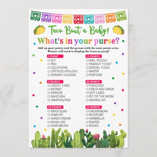Taco Baby Shower What's in your Whopings Game アドバイスカード (正面)