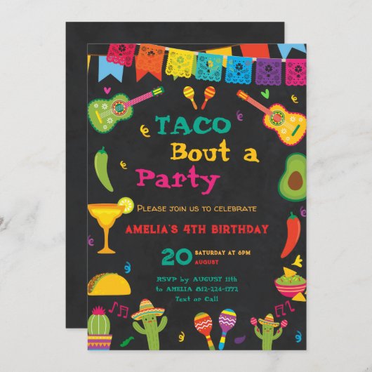 Taco Bout'おもしろい4thバースデーフィエスタメキシコパーティー 招待状 (正面/裏面)