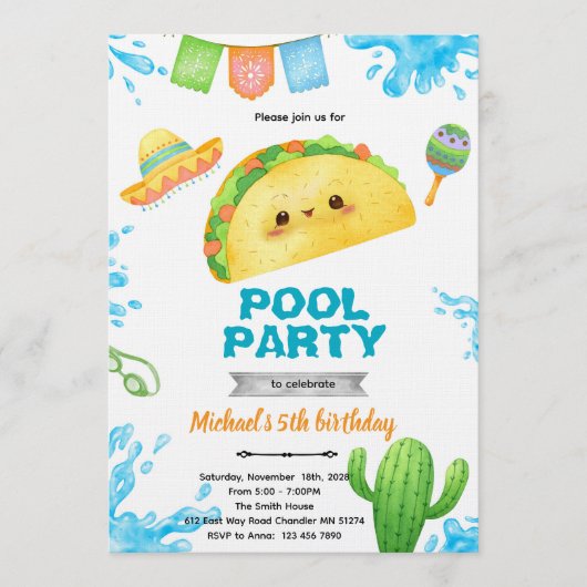Taco Pool Party Birthday Invitation 招待状 (正面)