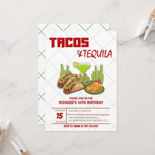 Tacos and Tequila 50th Mexican Adult Birthday 招待状 (正面/裏面インサイチュ)
