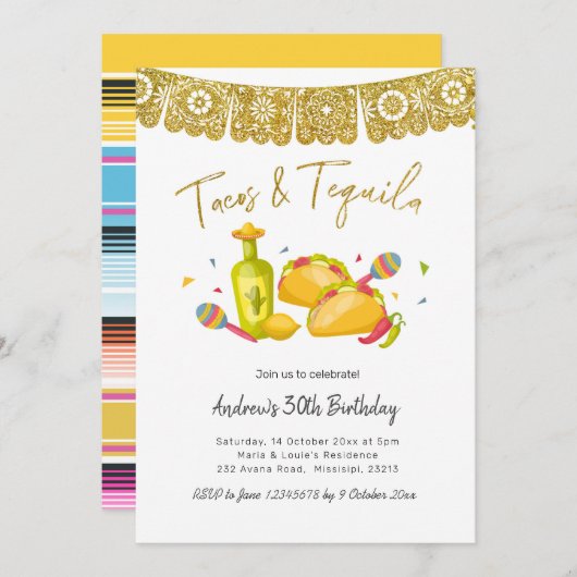 Tacos and Tequila Fiesta Birthday Invitation 招待状 (正面/裏面)