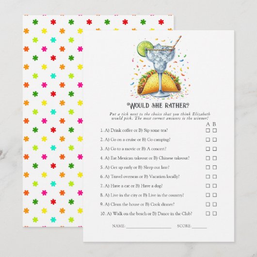 Tacos and Tequila Party "Would She Rather?" Game 招待状 (正面/裏面)