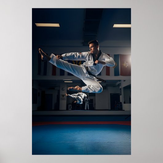 Taekwondo Athlete Performing Flying Sidekick ポスター (正面)
