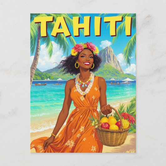 Tahiti Beach Beauty Retro Art ポストカード (正面)