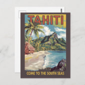 Tahiti French Polynesia Painterly Travel Art Retro ポストカード (正面/裏面)