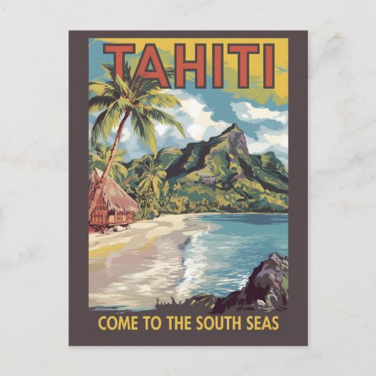 Tahiti French Polynesia Painterly Travel Art Retro ポストカード (正面)