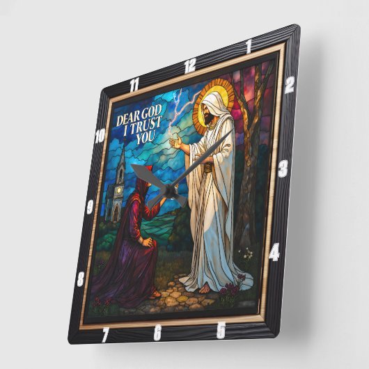 tained Glass: Dear God I Trust You スクエア壁時計 (傾斜)
