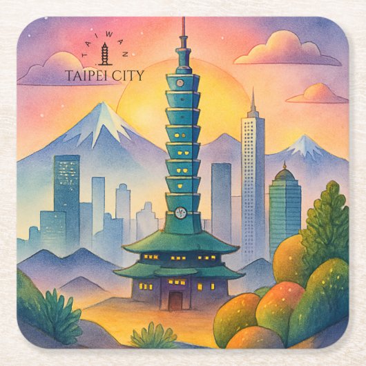 Taipei City Taiwan Skyline Watercolor スクエアペーパーコースター (正面)