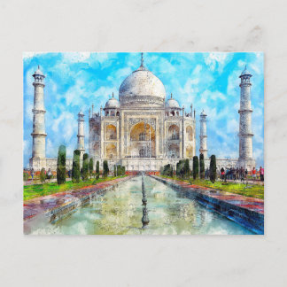 Taj Mahal、インド水彩絵葉書 ポストカード