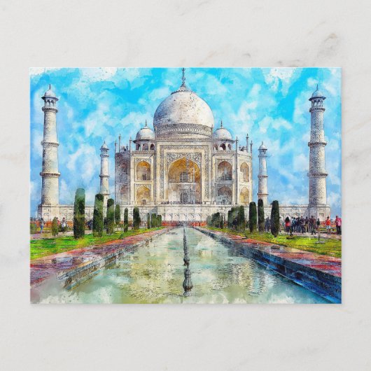 Taj Mahal、インド水彩絵葉書 ポストカード (正面)