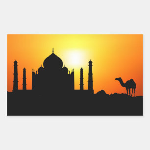 Taj Mahal & Camel On Sunset Background 長方形シール