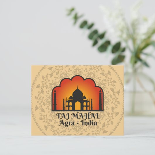 Taj Mahal Silhouette Floral Mandala ポストカード (スタンド正面)