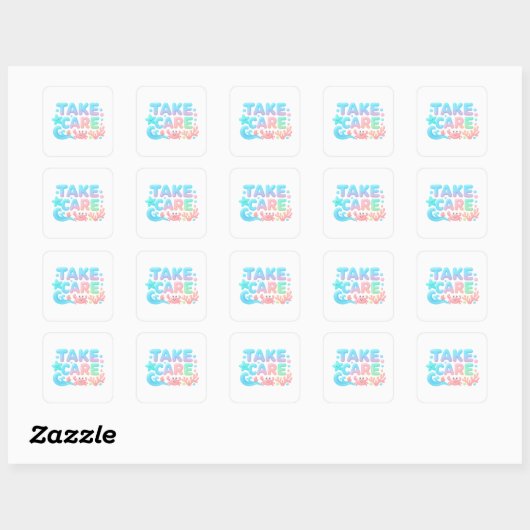 Take Care Pastel Ocean Glossy Text スクエアシール (シート)