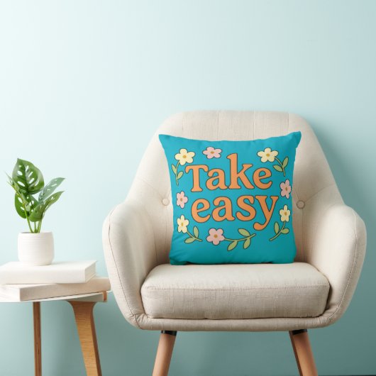 "Take Easy": Positive Retro Floral Illustration クッション (椅子)