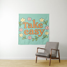"Take Easy": Positive Retro Floral Illustration タペストリー