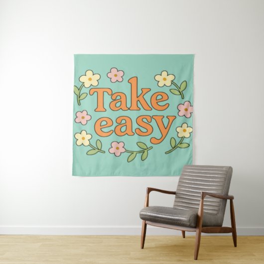"Take Easy": Positive Retro Floral Illustration タペストリー (インサイチュ)