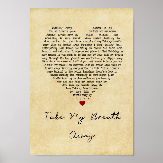 Take My Breathヴィンテージのハート遠くにソング歌詞プリント ポスター (正面)