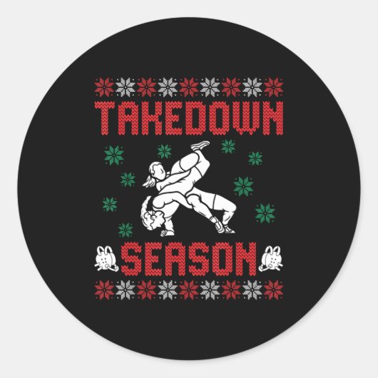 Takedown Season Girls Wrestling Ugly Sweater Chris ラウンドシール (正面)