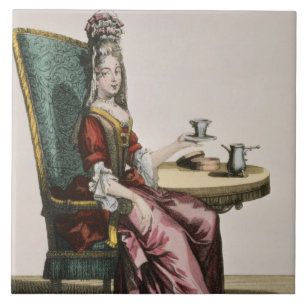 Taking Coffeeのファッションプレート、c.1695 (engravi女性 タイル