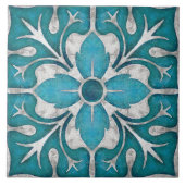 Talavera 01 Teal Blue Grey Mediterranean Floral タイル (正面)