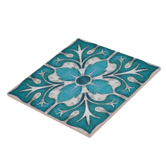 Talavera 01 Teal Blue Grey Mediterranean Floral タイル (側面)
