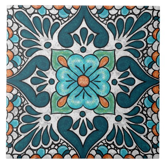 Talavera 06 Teal Blue Green Mediterranean Floral タイル (正面)