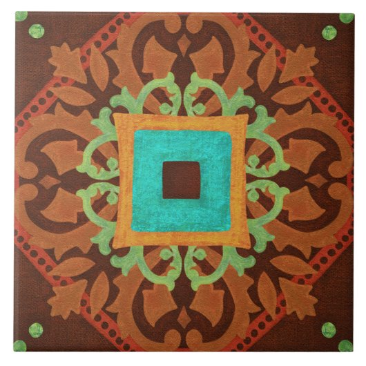 Talavera 08 Rust Blue Brown Mediterranean Geo タイル (正面)