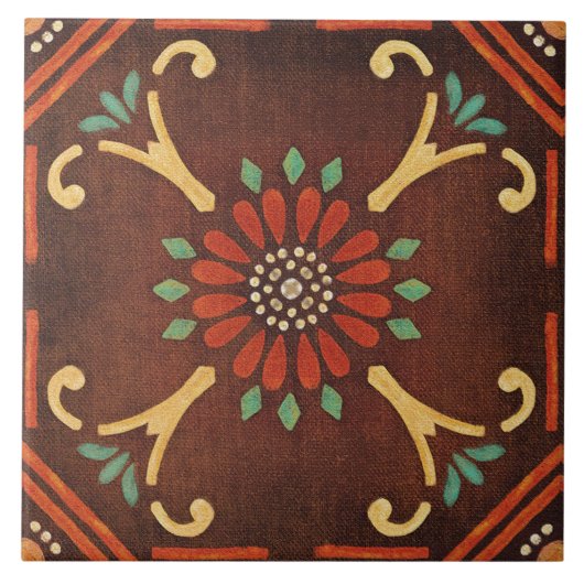 Talavera 14 Brown Red Aqua Mediterranean Floral タイル (正面)