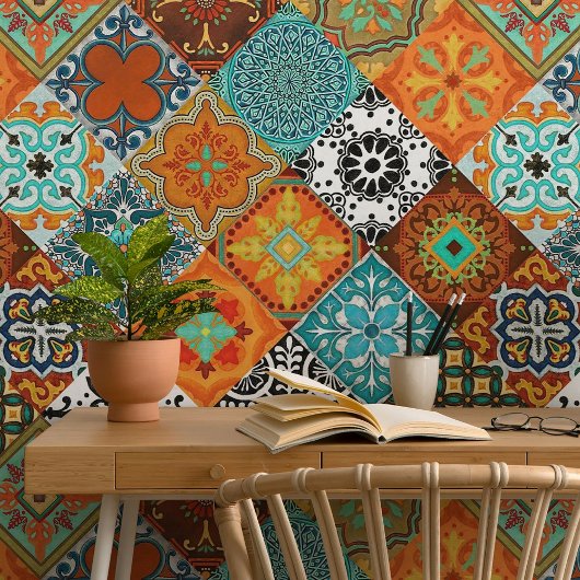 Talavera 18 Teal Brown Ivory Mediterranean Lattice タイル